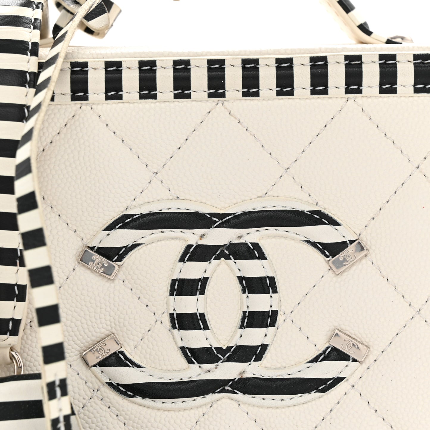 Caviar Quilted Striped Small CC Filigree Vanity Case White Black