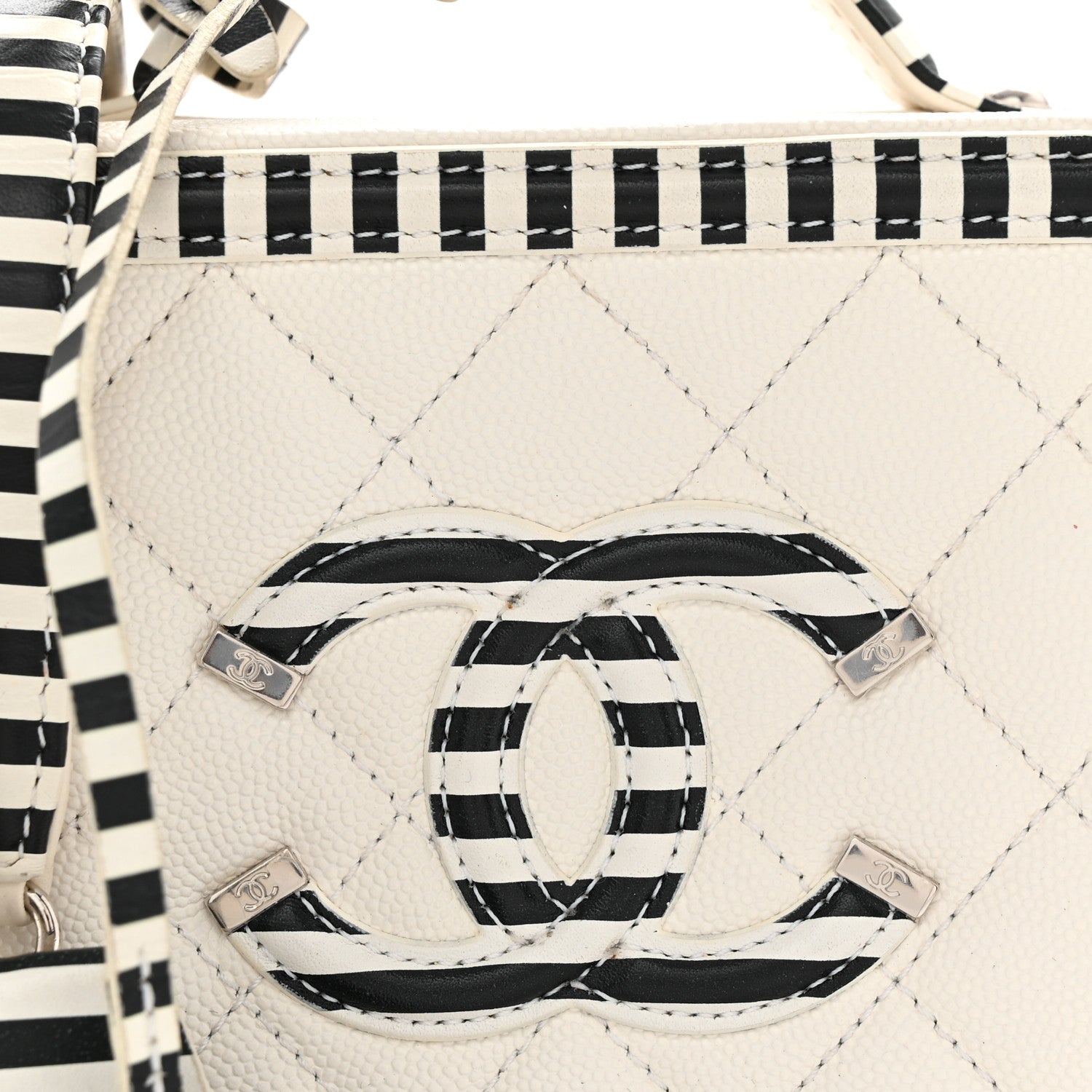 Chanel Caviar Quilted Striped Small CC Filigree Vanity Case White Black 7 of 10