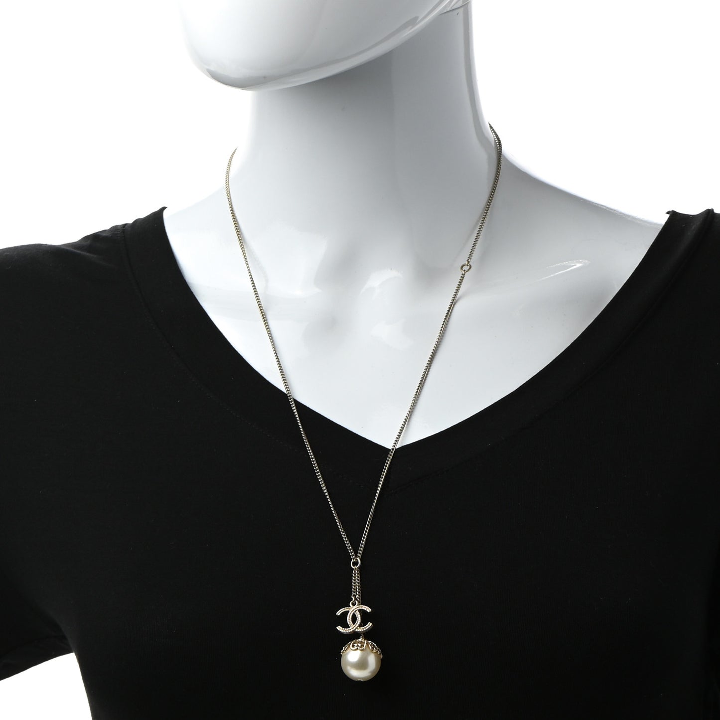 Pearl CC Lariat Necklace Gold