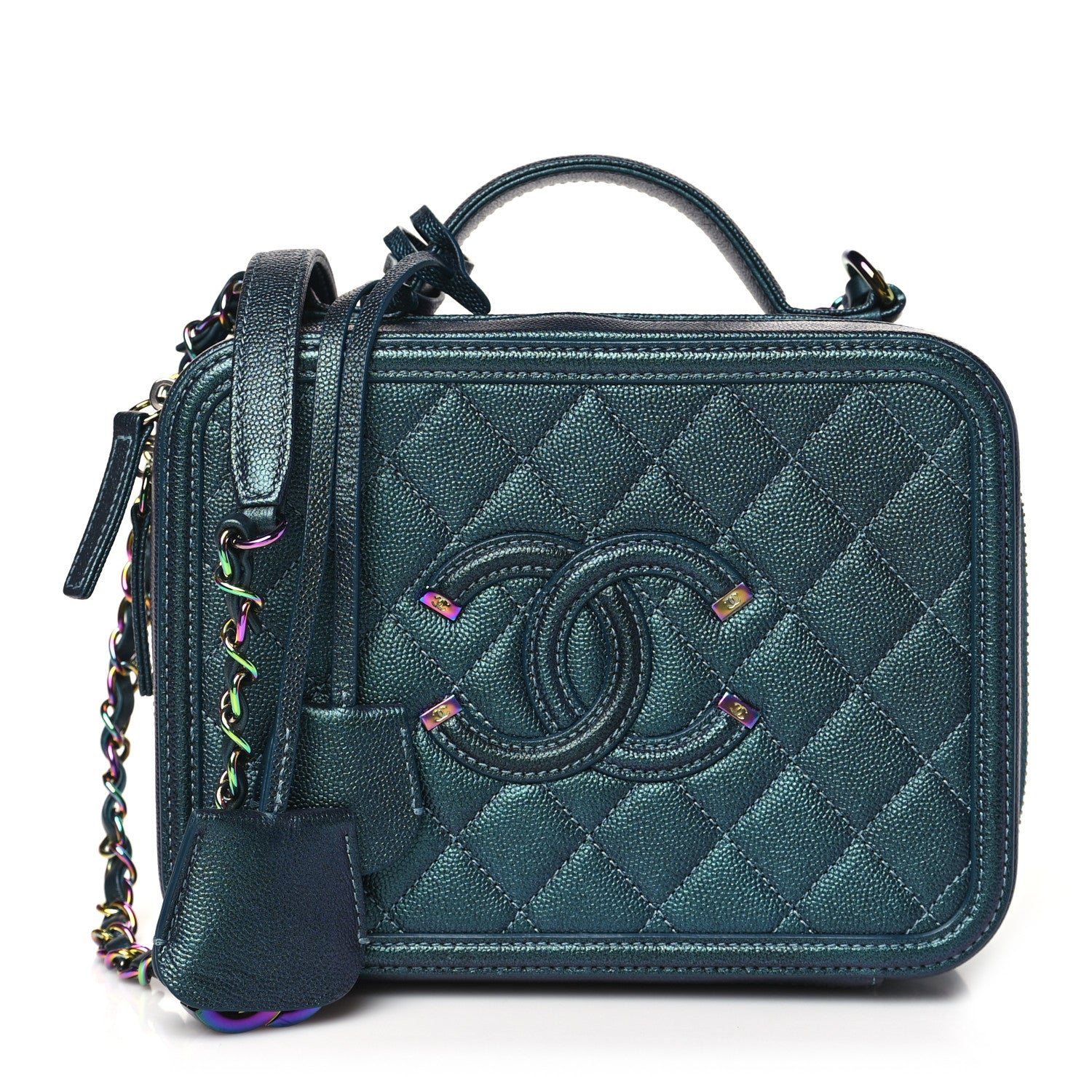 Chanel Iridescent Caviar Quilted Medium CC Filigree Vanity Case Dark Turquoise 1 of 9