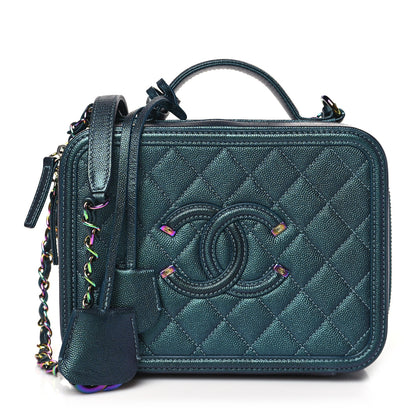 Chanel Iridescent Caviar Quilted Medium CC Filigree Vanity Case Dark Turquoise 1 of 9