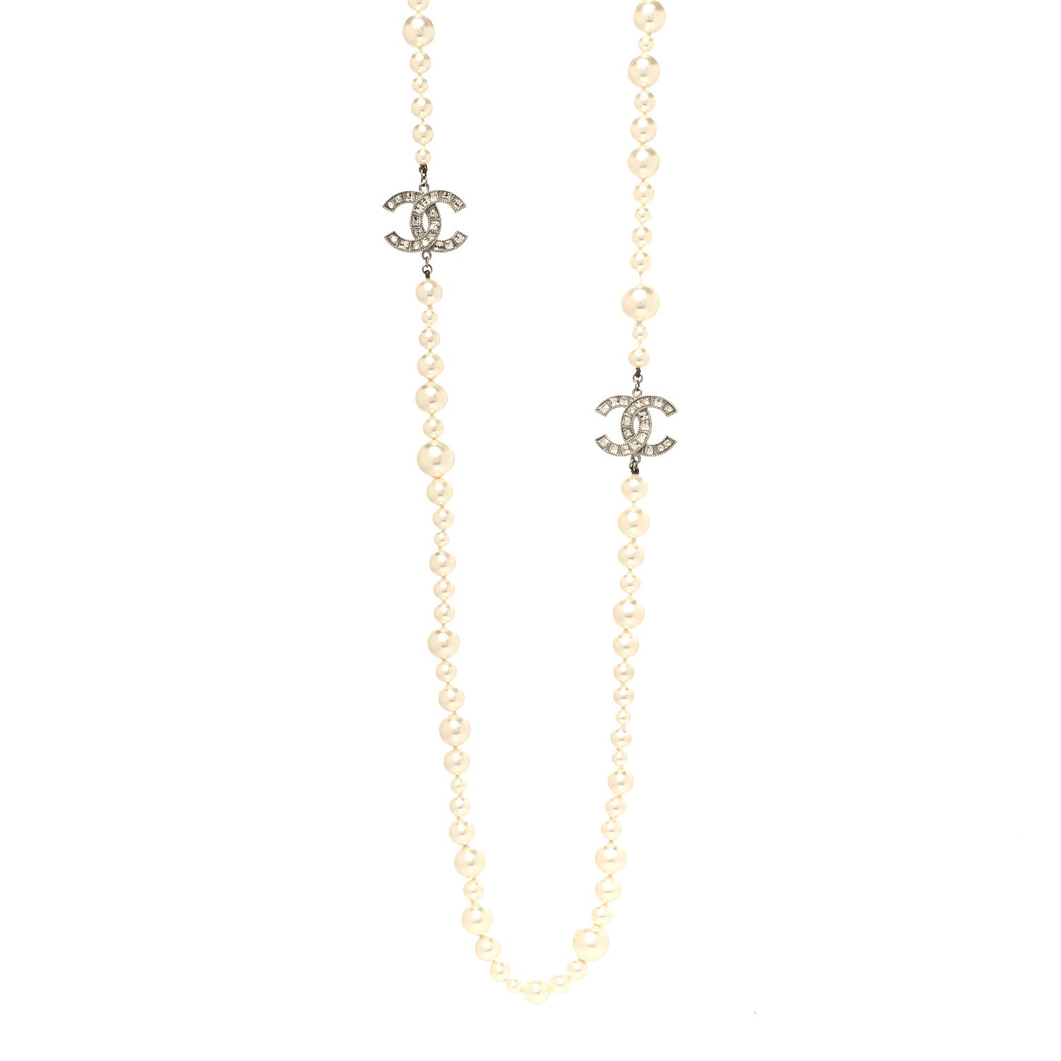 Chanel Pearl Baguette Crystal CC Long Necklace Silver 1 of 5