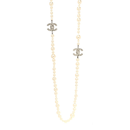 Chanel Pearl Baguette Crystal CC Long Necklace Silver 1 of 5
