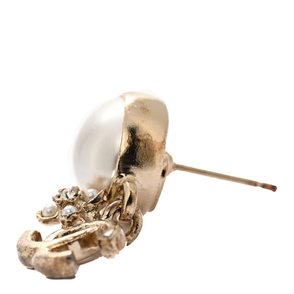 Chanel Pearl Crystal CC Flower Drop Earrings Gold Pearly White 5 of 5