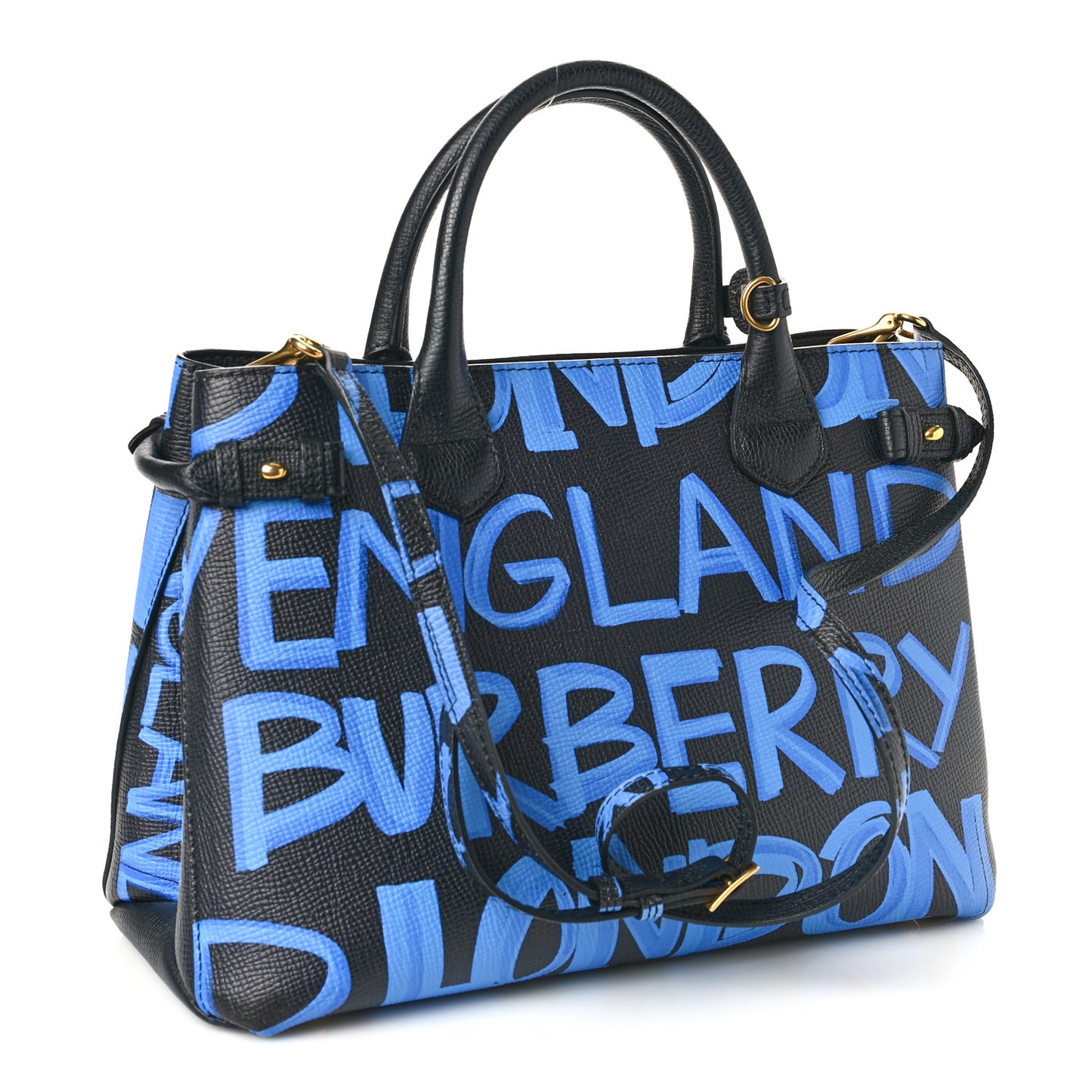 Grainy Calfskin Graffiti Print Medium Banner Tote Black