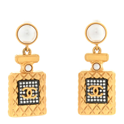 Chanel Crystal Pearl CC Perfume Bottle Drop Earrings Gold 1 of 5