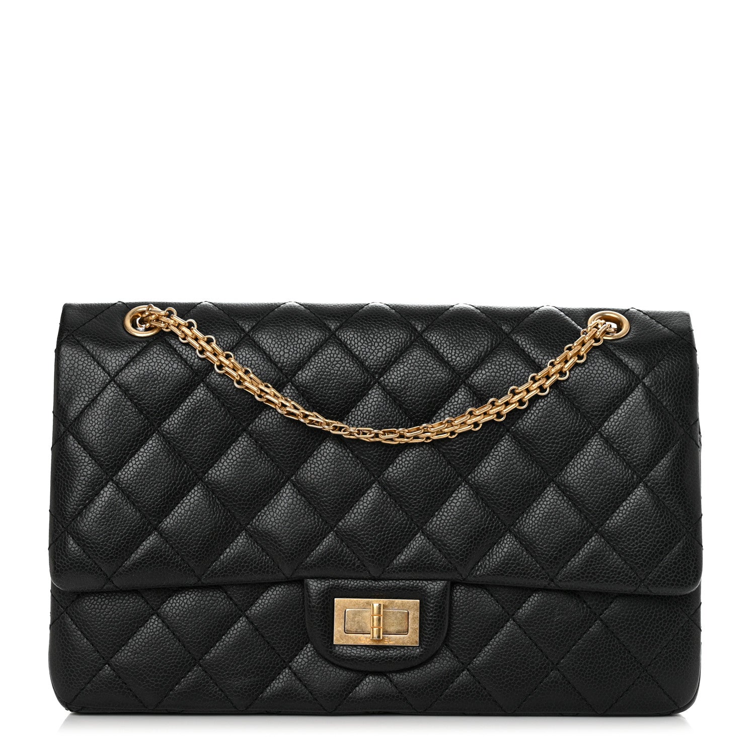 this is a front image of a CHANEL Caviar Quilted 2.55 Reissue 226 Flap bag in the color Black by FASHIONPHILE