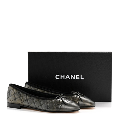 Chanel Metallic Aged Calfskin Quilted CC Cap Toe Ballerina Flats 38.5 Dark Silver 10 of 10