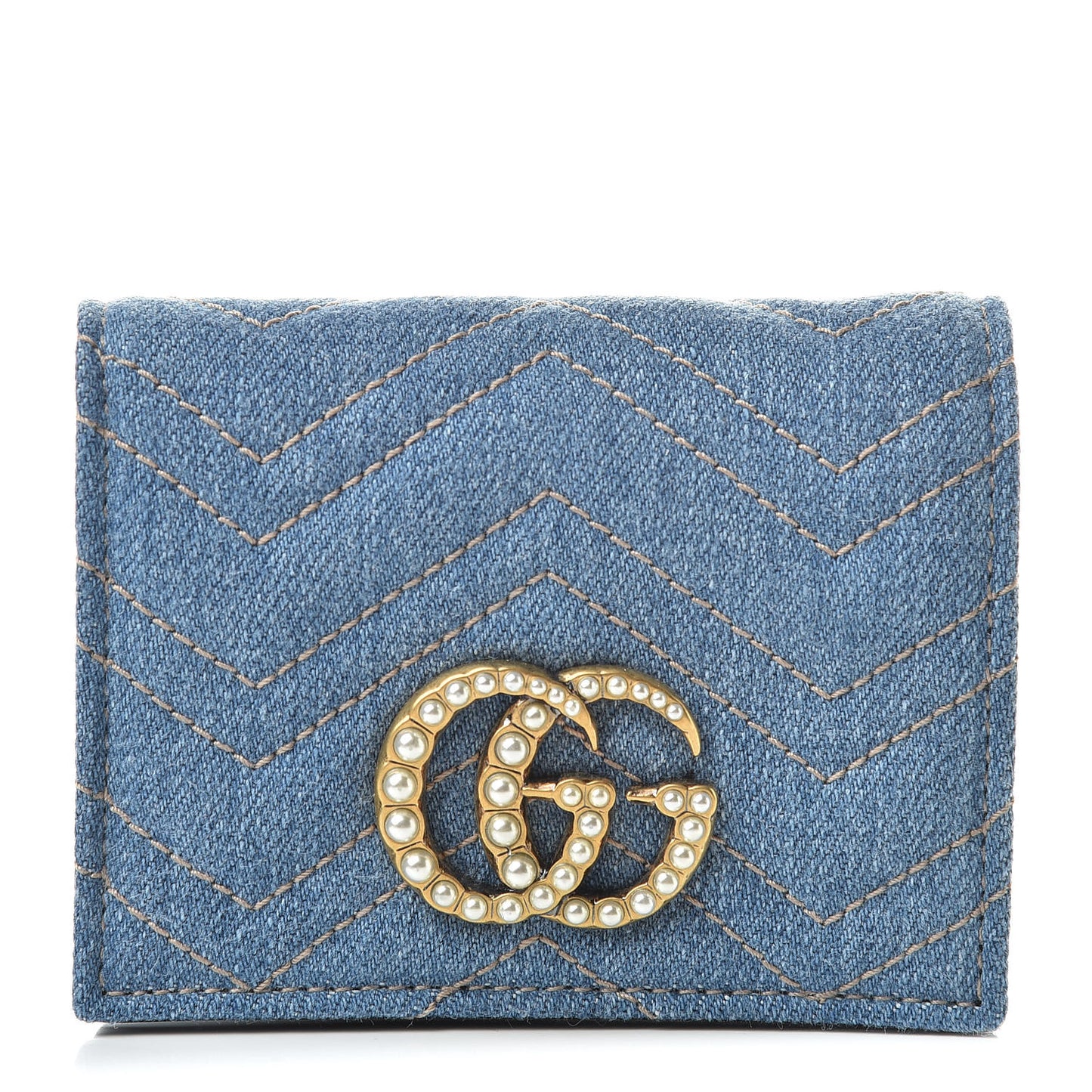 Denim Matelasse Pearly GG Marmont Card Case Wallet Blue