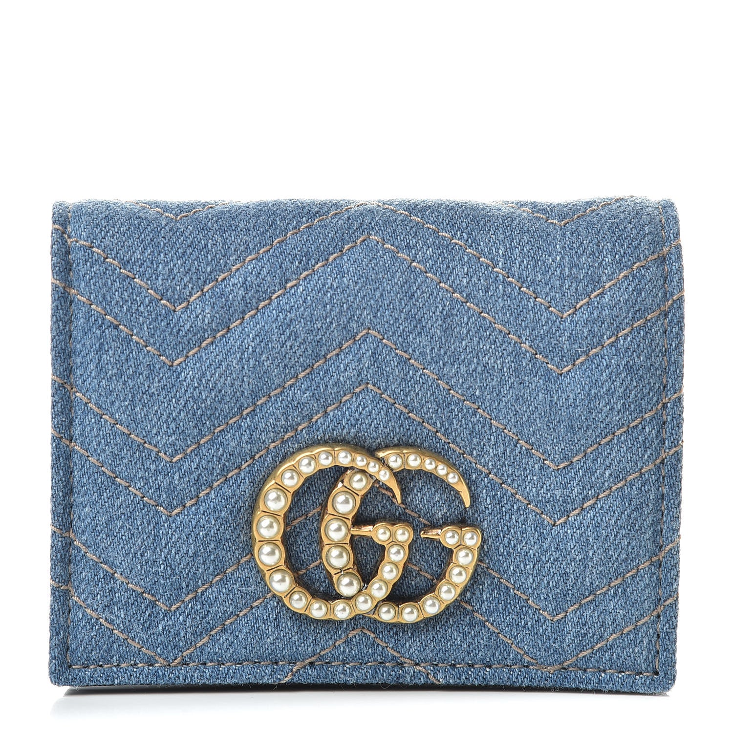 Gucci Denim Matelasse Pearly GG Marmont Card Case Wallet Blue 1 of 9