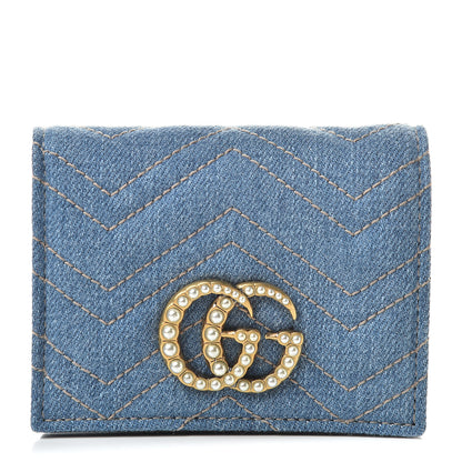 Gucci Denim Matelasse Pearly GG Marmont Card Case Wallet Blue 1 of 9