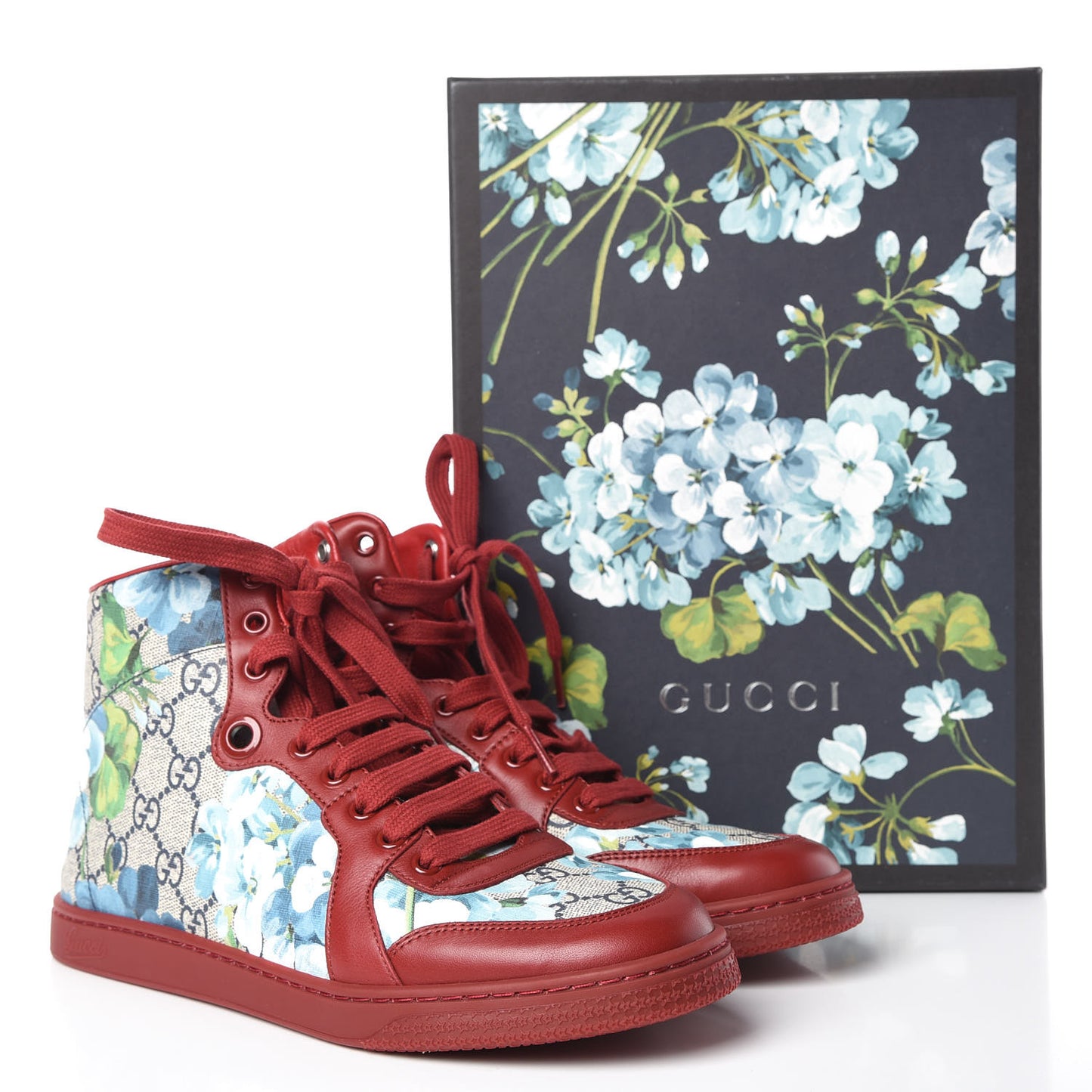 GG Supreme Monogram Blooms Womens High Top Sneakers 38.5 Beige Blue Navy Red