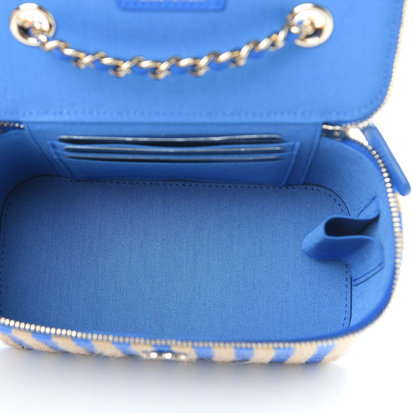 Raffia Jute Striped Small Vanity Case With Chain Blue Beige