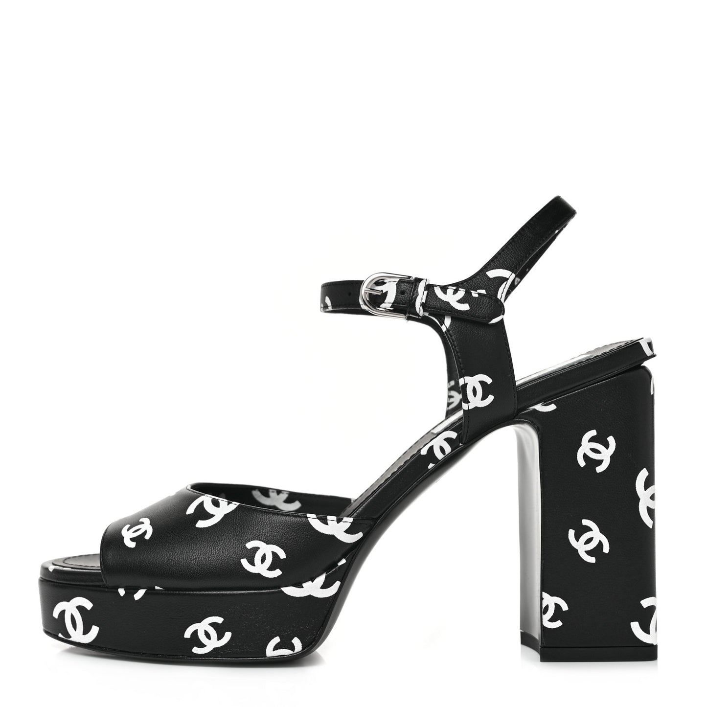 Printed Lambskin CC Platform Sandals 39.5 Black White