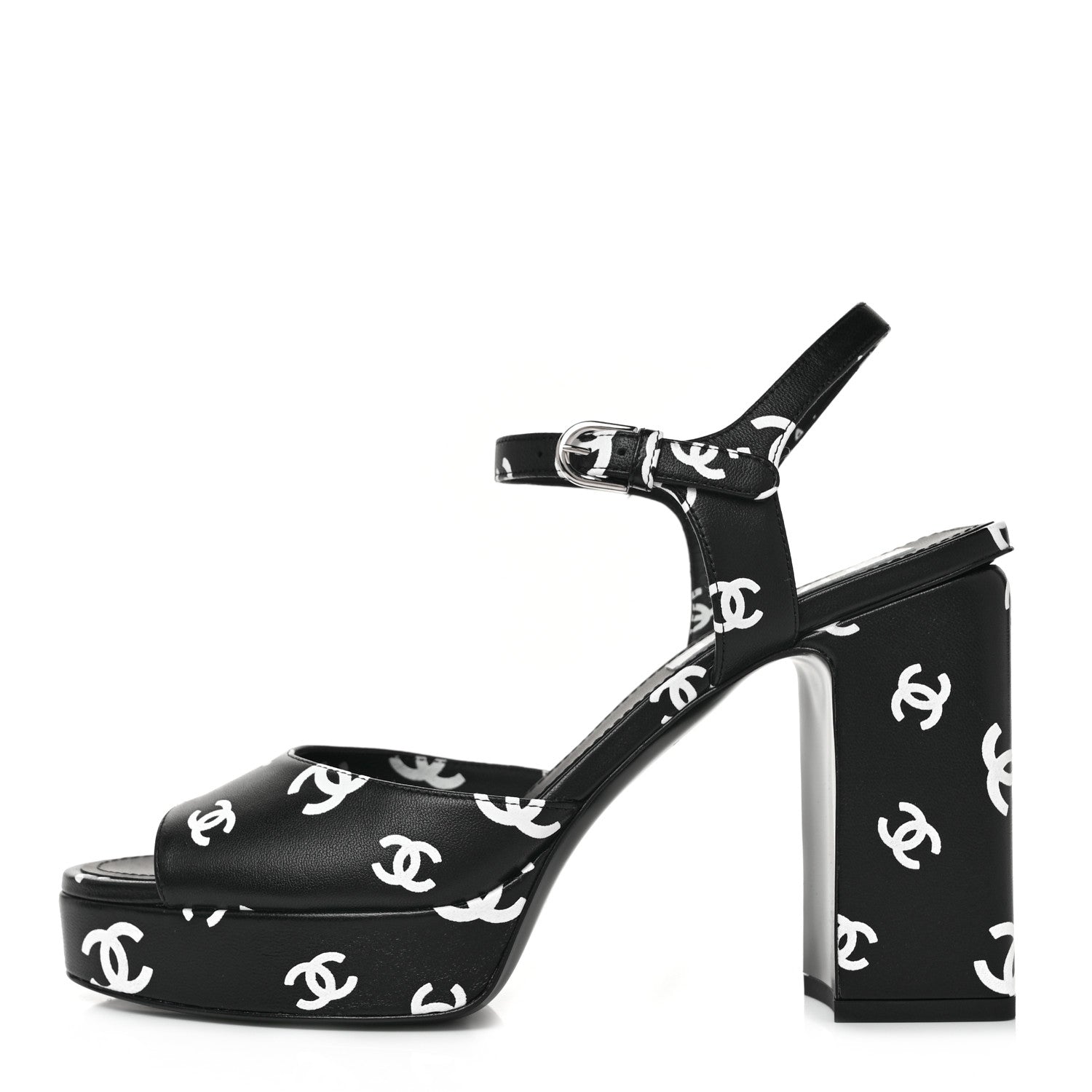 Chanel Printed Lambskin CC Platform Sandals 39.5 Black White 1 of 8
