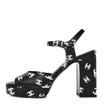 Chanel Printed Lambskin CC Platform Sandals 39.5 Black White 1 of 8