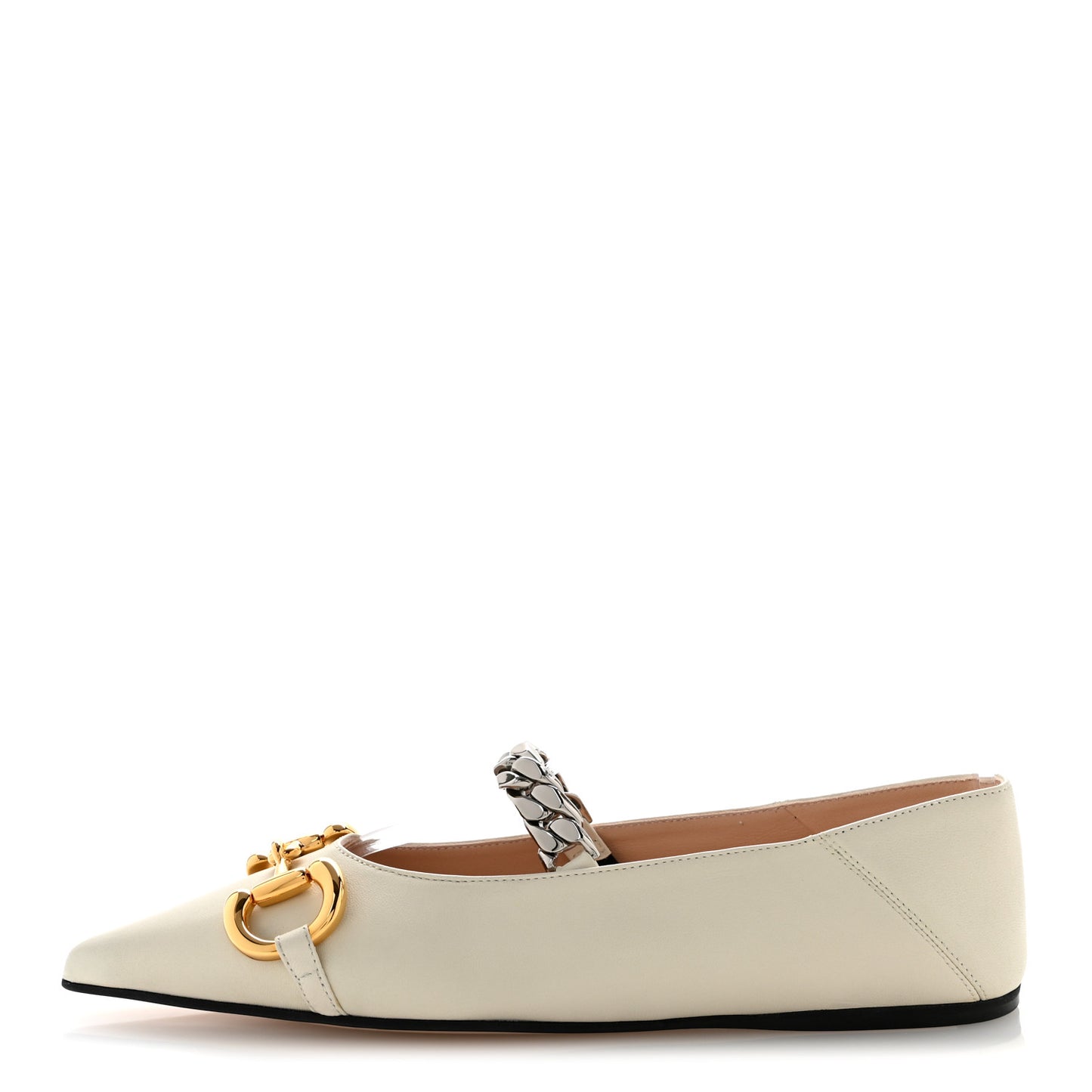 Nappa Lumiere Deva Horsebit Chain Embellished Flats 35.5 Dusty White