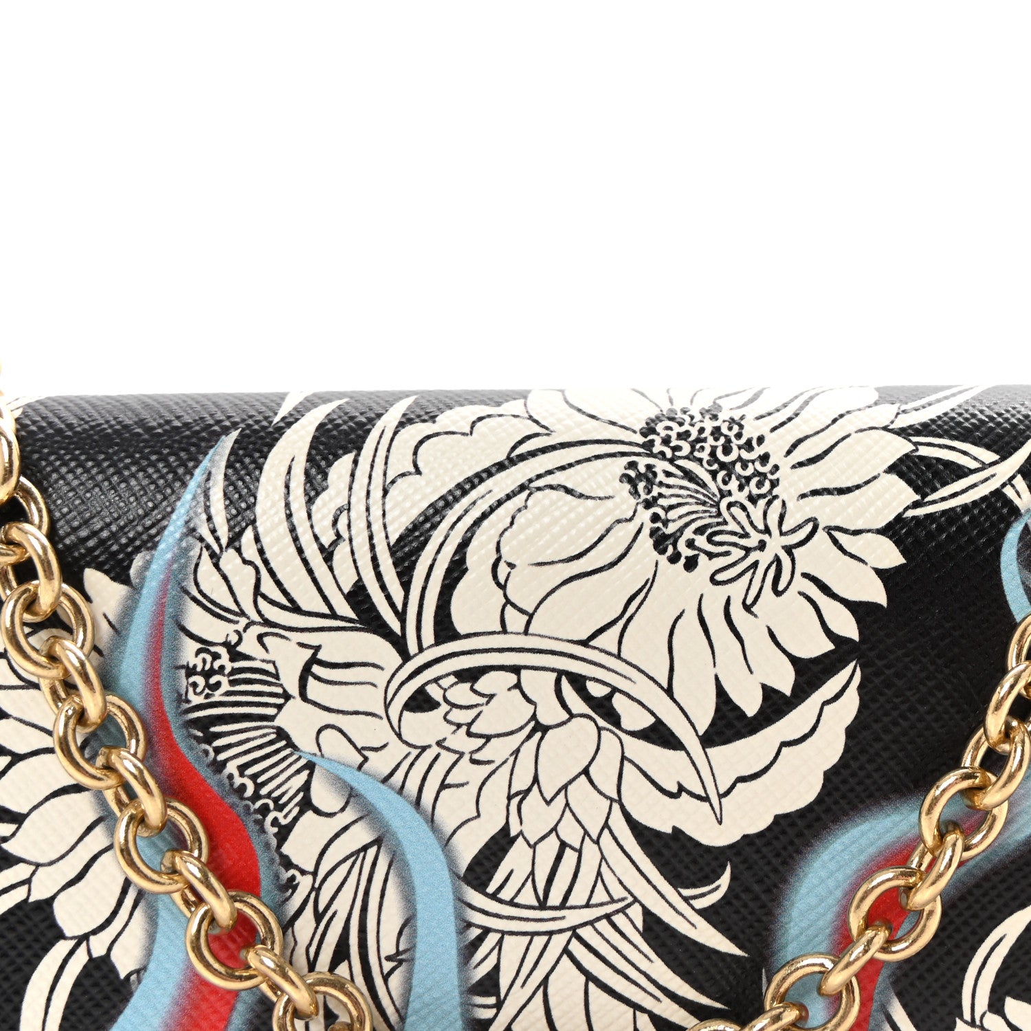 Prada Saffiano Flower Flame Chain Wallet Black Multicolor 7 of 9