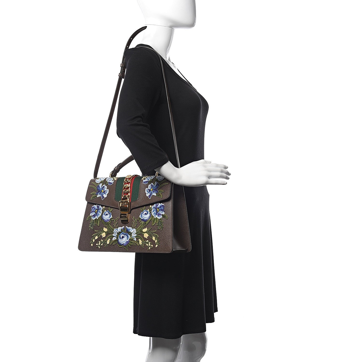 Gucci Calfskin Embroidered Medium Sylvie Top Handle Bag New Acero Multicolor 2 of 10