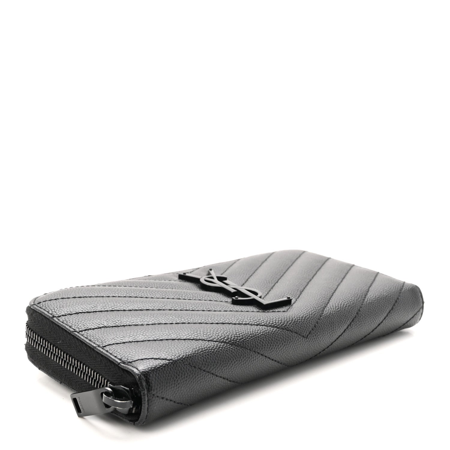 Saint Laurent Grain De Poudre Matelasse Chevron Monogram Monochrome Zip Around Wallet Black 4 of 6