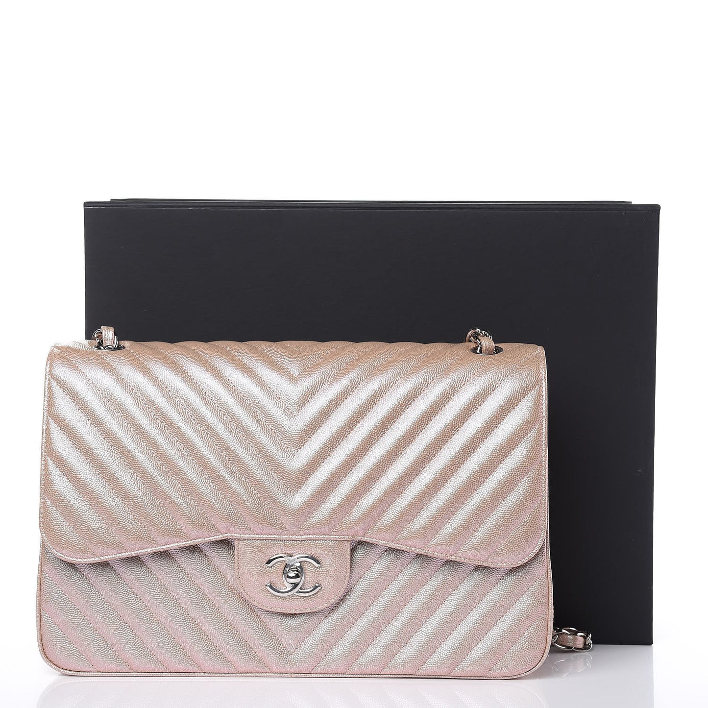 Metallic Caviar Chevron Quilted Jumbo Double Flap Light Gold