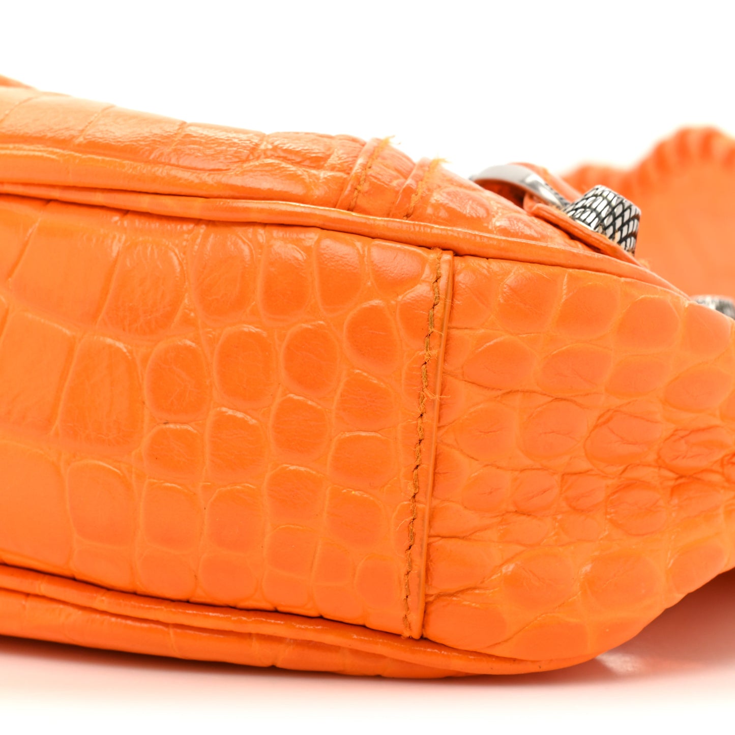 Extra Supple Calfskin Crocodile Embossed Le Cagole Shoulder Bag XS Pop Orange