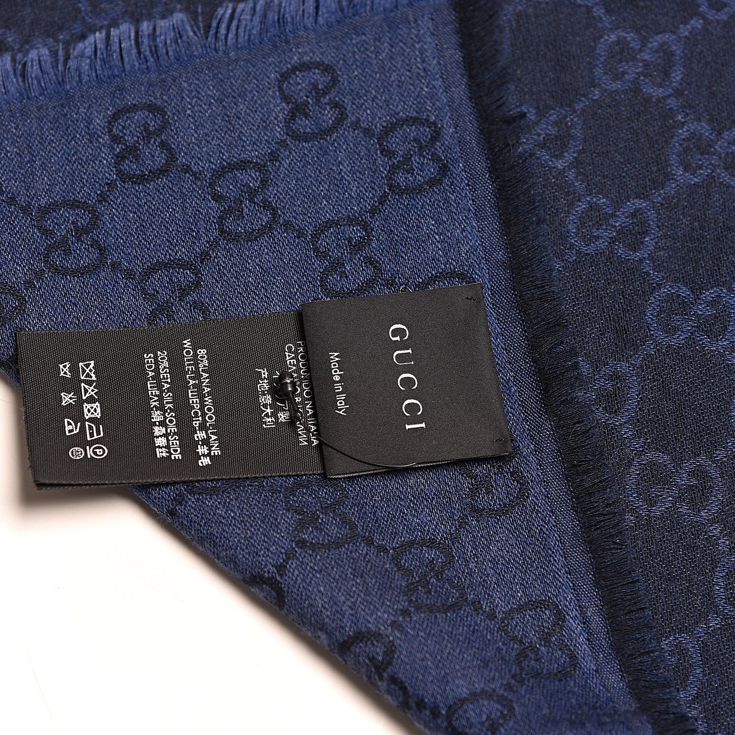 Gucci Wool Silk Monogram GGWeb Fringe Shawl Navy Blue 3 of 3