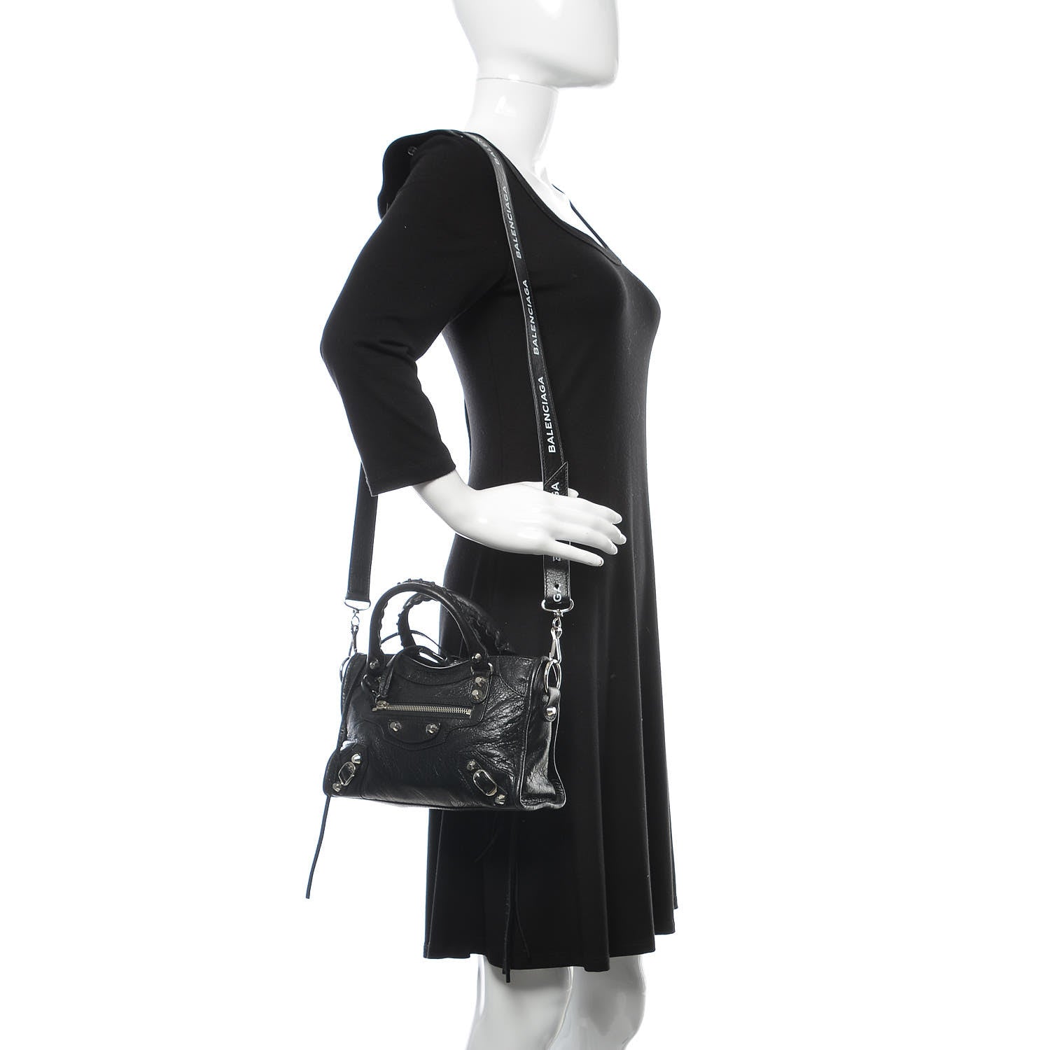 Balenciaga Agneau Classic Silver Hardware Mini City Logo Strap Black White 2 of 14