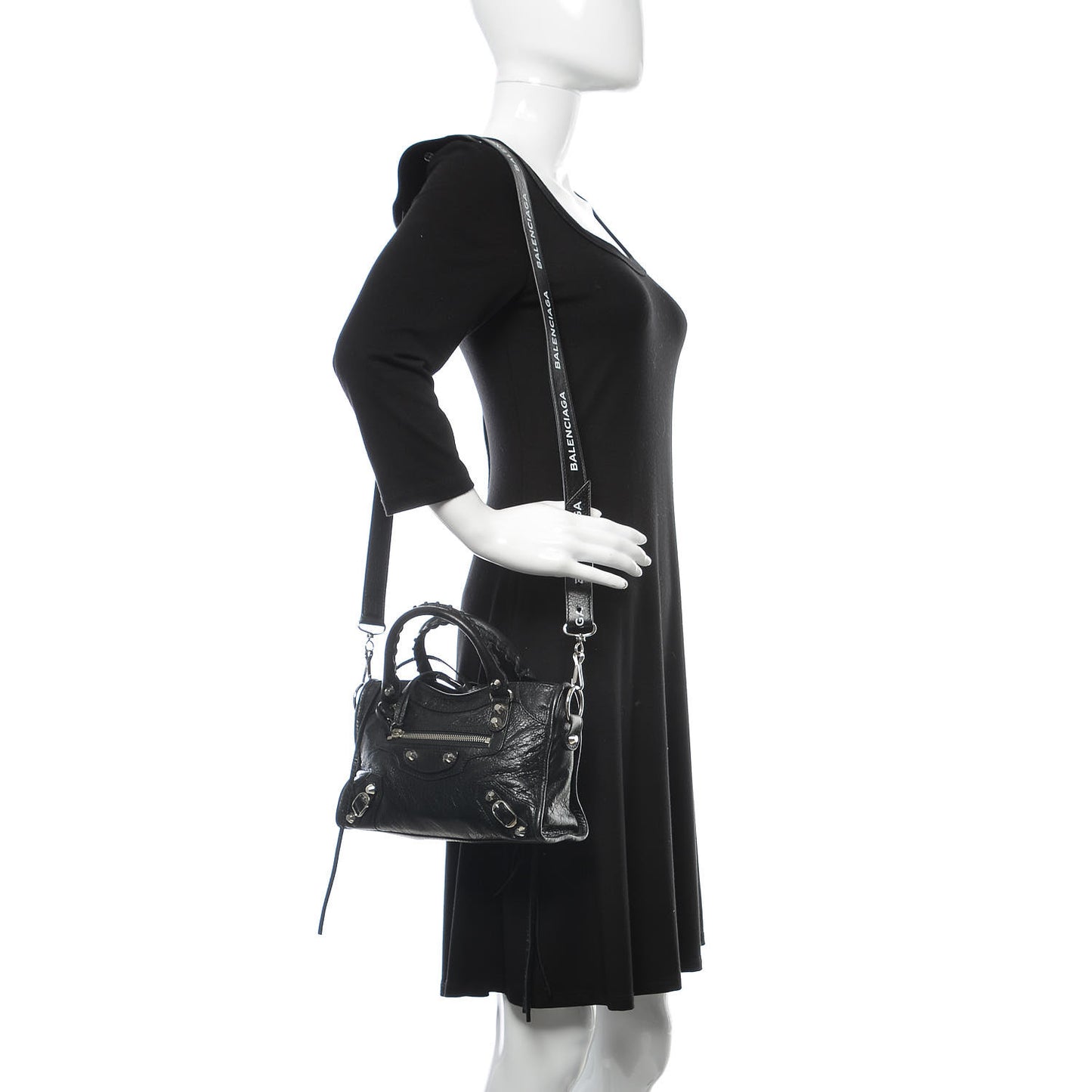 Agneau Classic Silver Hardware Mini City Logo Strap Black White