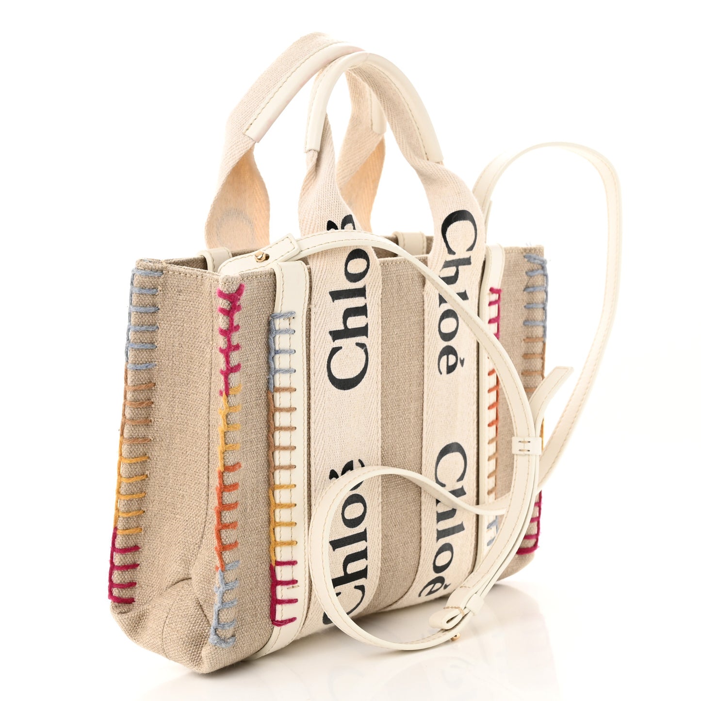 Linen Canvas Calfskin Blanket Stitched Small Woody Ribbon Tote White Multicolor