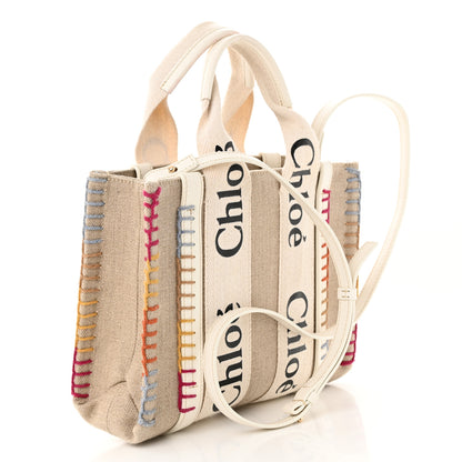 Chloe Linen Canvas Calfskin Blanket Stitched Small Woody Ribbon Tote White Multicolor 3 of 11