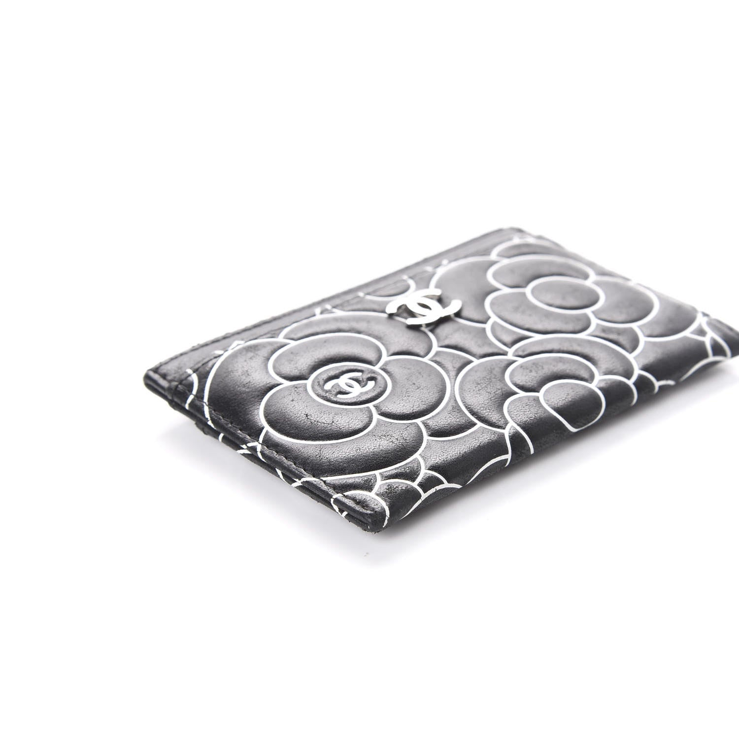 Chanel Lambskin Camellia Embossed Card Holder Black White 8 of 11