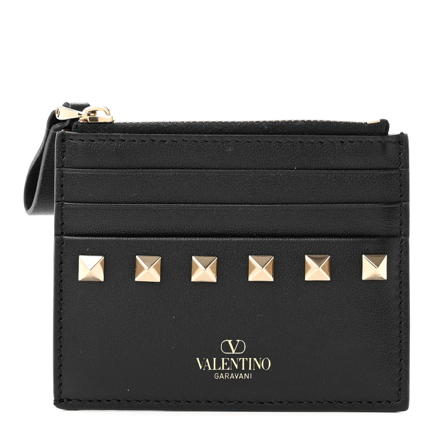 Vitello Rockstud Card Holder With Zipper Black