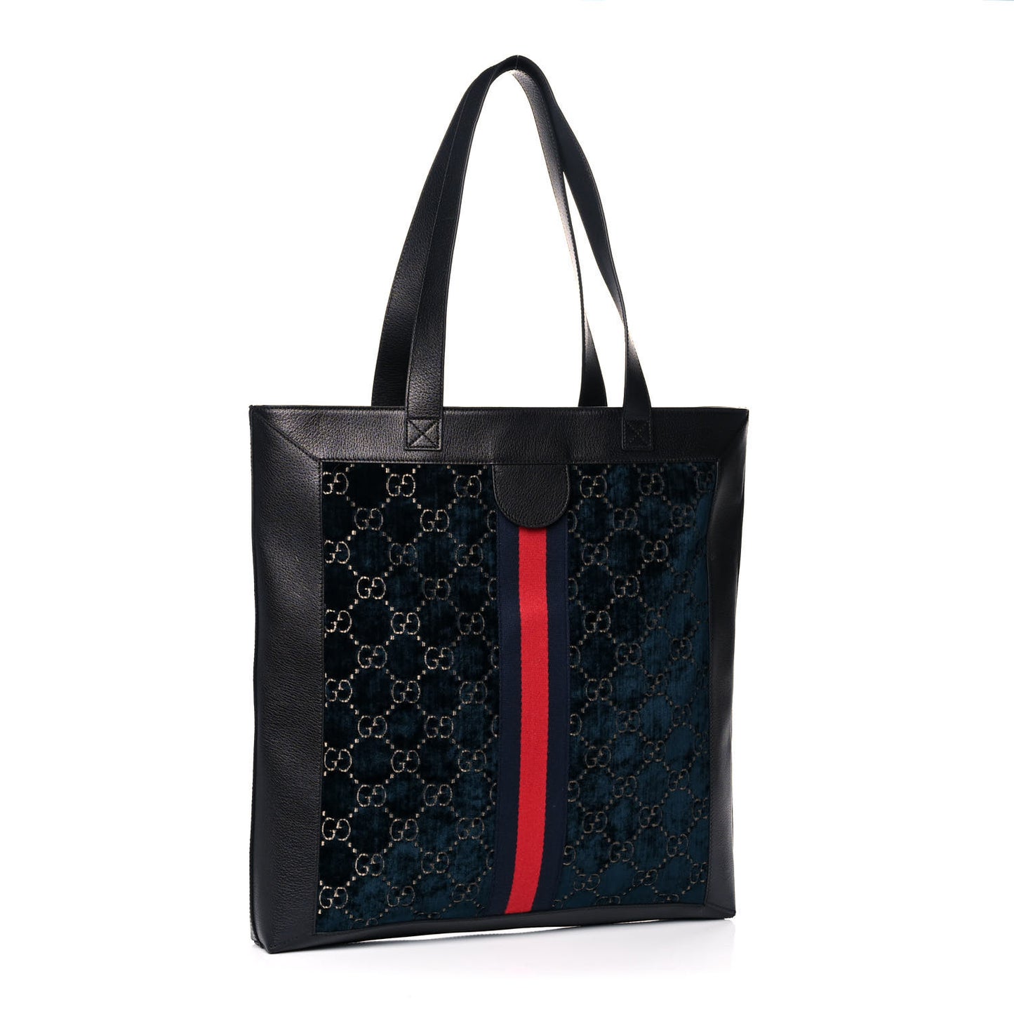 Velvet GG Monogram Textured Calfskin Web Large Ophidia Vertical Shopping Tote Blue Beige Black