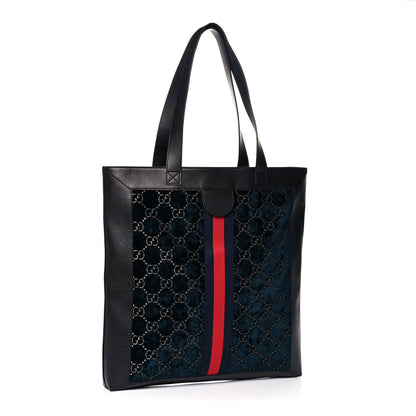 Gucci Velvet GG Monogram Textured Calfskin Web Large Ophidia Vertical Shopping Tote Blue Beige Black 3 of 11