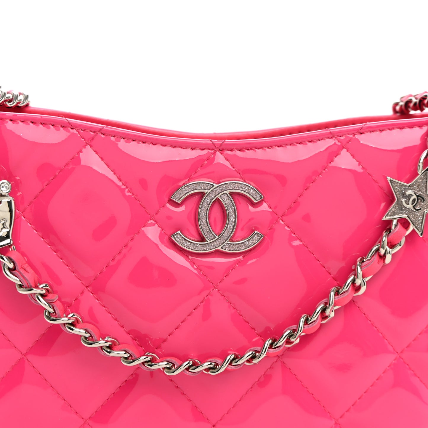 Patent Calfskin Quilted Enamel CC Charms Hobo Pink