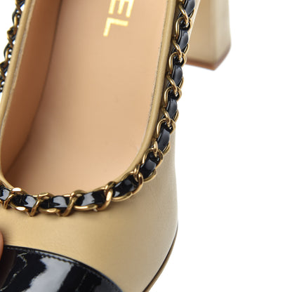 Chanel Calfskin Patent Calfskin Chain Cap Toe Pumps 36.5 Beige Black 9 of 11