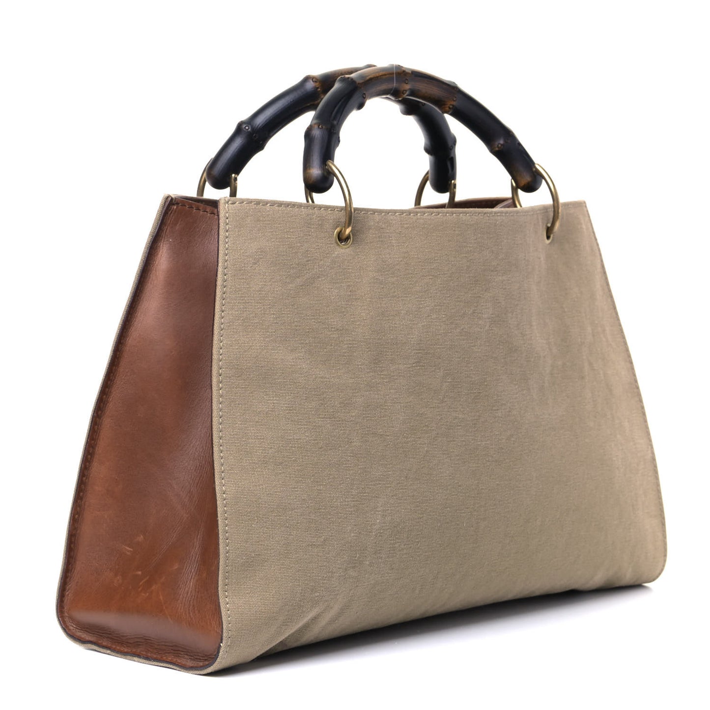 Canvas Bamboo Handle Drawstring Bag Beige