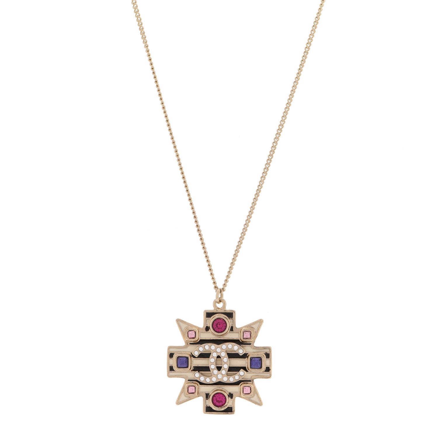 Chanel Crystal Enamel Stripe CC Pendant Necklace Gold Multicolor 1 of 6