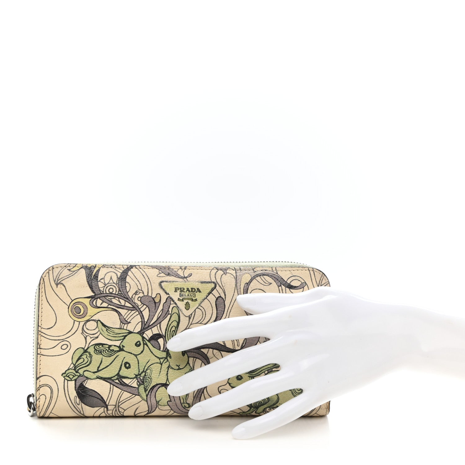 Prada X JAMES JEAN Glace Calfskin Rabbit Print Zip Around Wallet Opaline 2 of 11