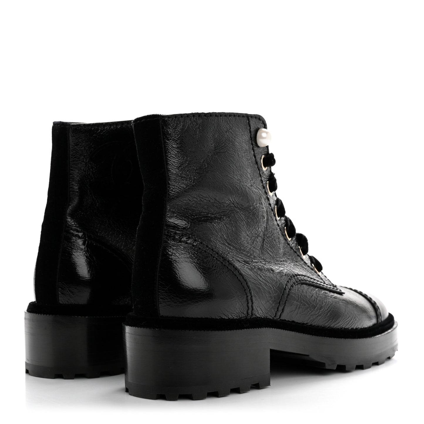 Shiny Calfskin Velvet Pearl Combat Short Boots 36 Black