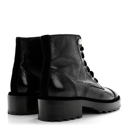 Chanel Shiny Calfskin Velvet Pearl Combat Short Boots 36 Black 5 of 10