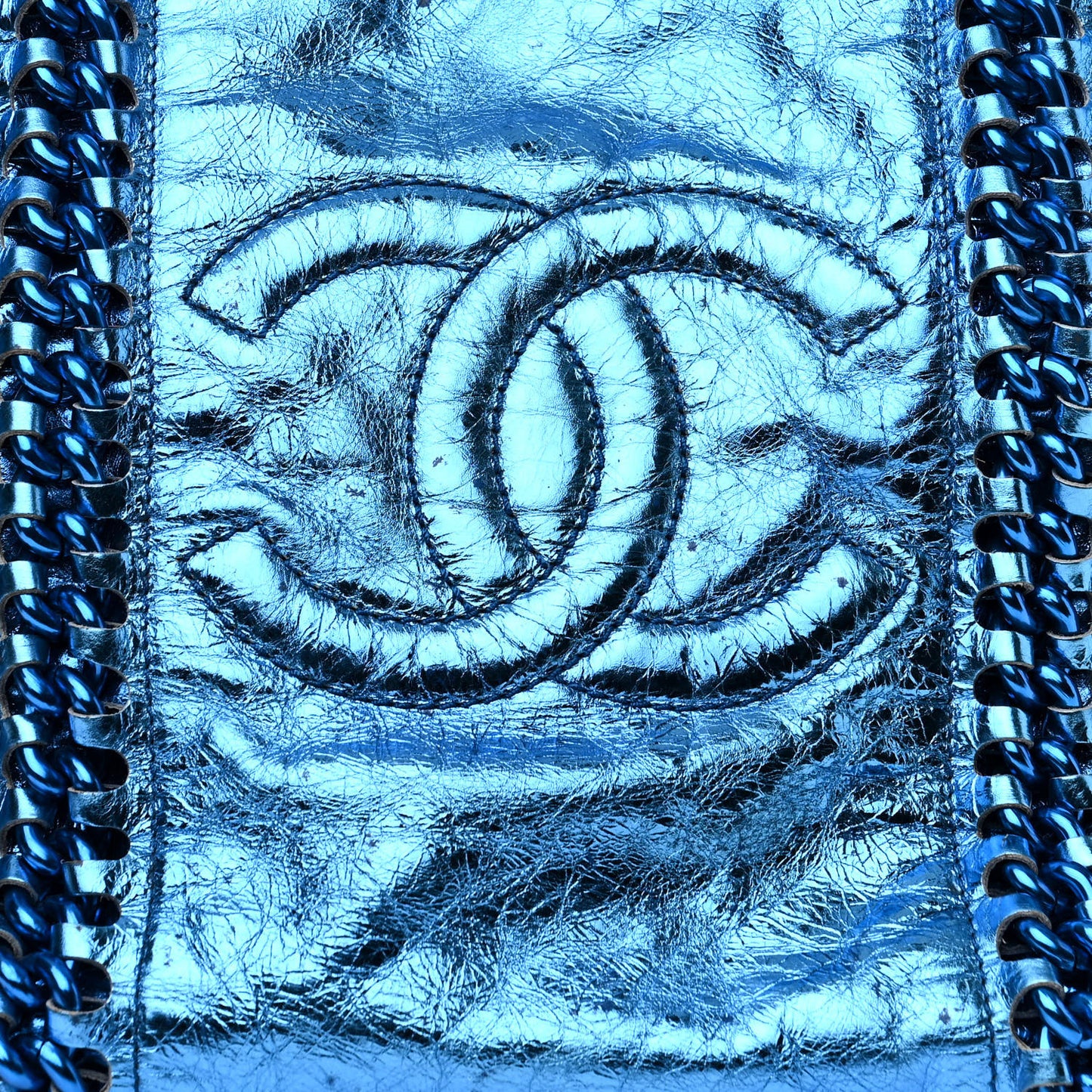 Metallic Cracked Calfskin Modern Chain Tote Blue
