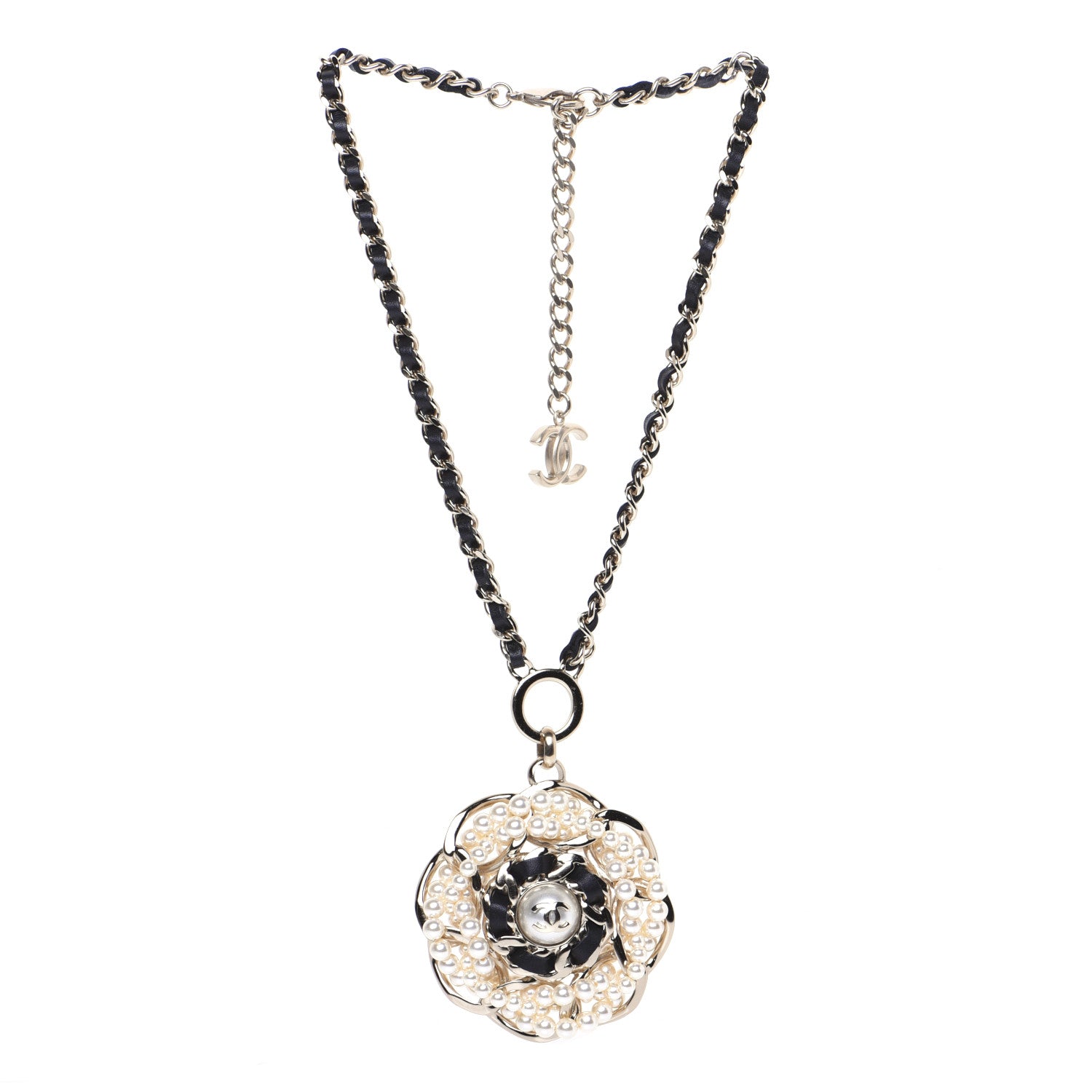 Chanel Lambskin Pearl CC Camellia Chain Necklace Gold 3 of 10