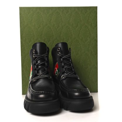 Gucci Quebec Calfskin Web Womens Interlocking G Lace Up Combat Boots 35 Black Mystic White Green Red 9 of 9