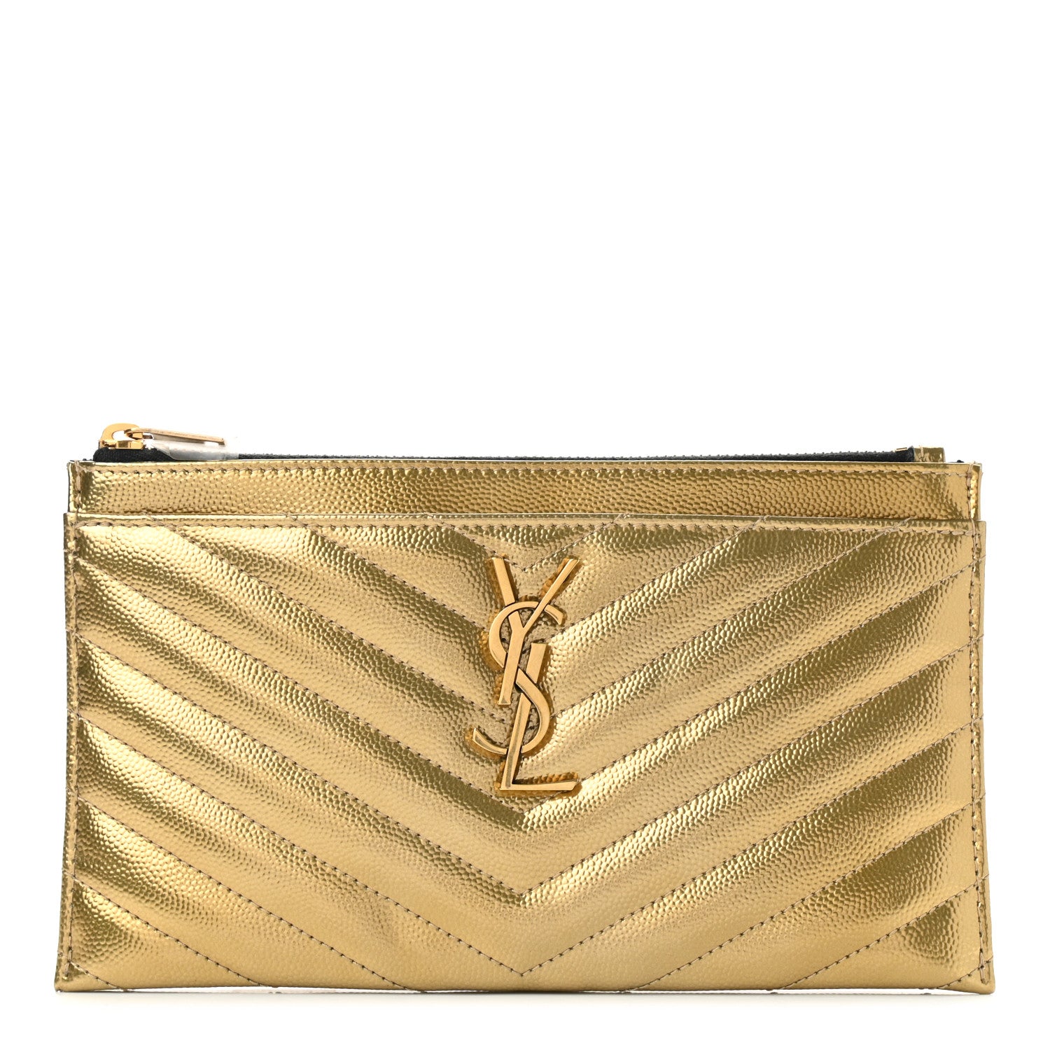 Saint Laurent Iridescent Grain De Poudre Matelasse Chevron Monogram Bill Pouch Gold 1 of 7