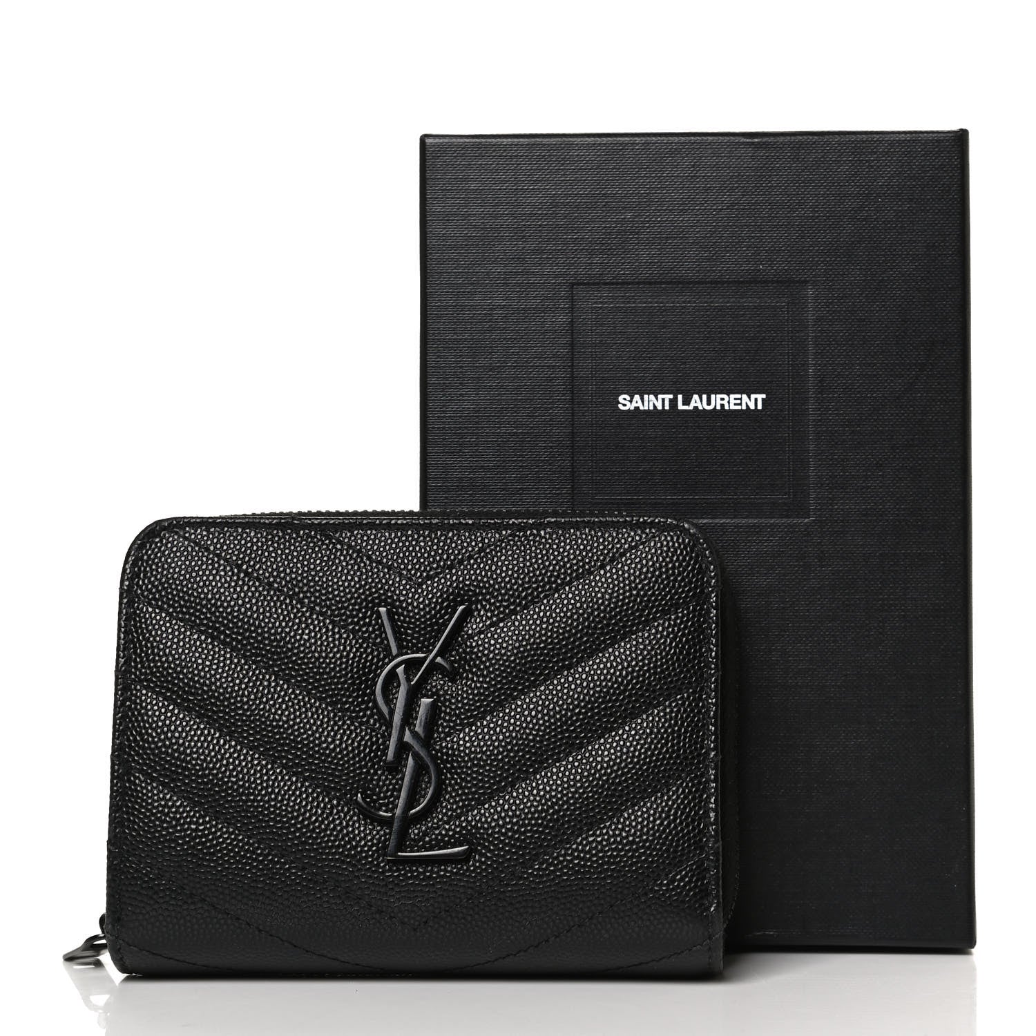 Saint Laurent Grain De Poudre Matelasse Chevron Monogram Monochrome Compact Zip Around Wallet Black 13 of 13