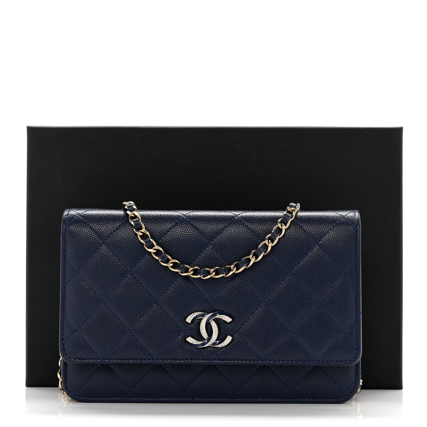 Chanel Caviar Quilted Crystal Enamel CC Wallet On Chain WOC Navy 12 of 12