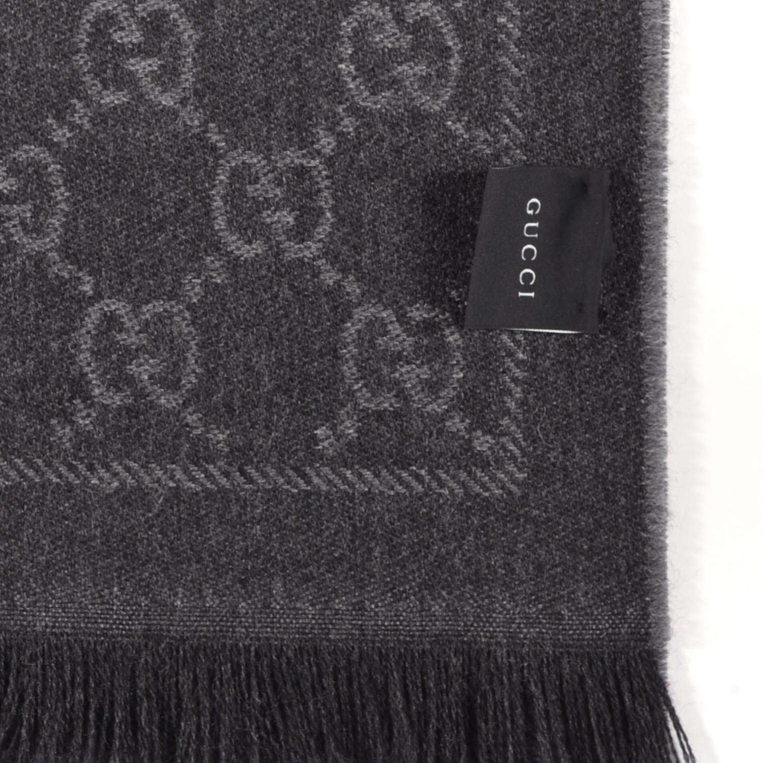 Gucci Wool Monogram Fringe Scarf Grey Black 4 of 4