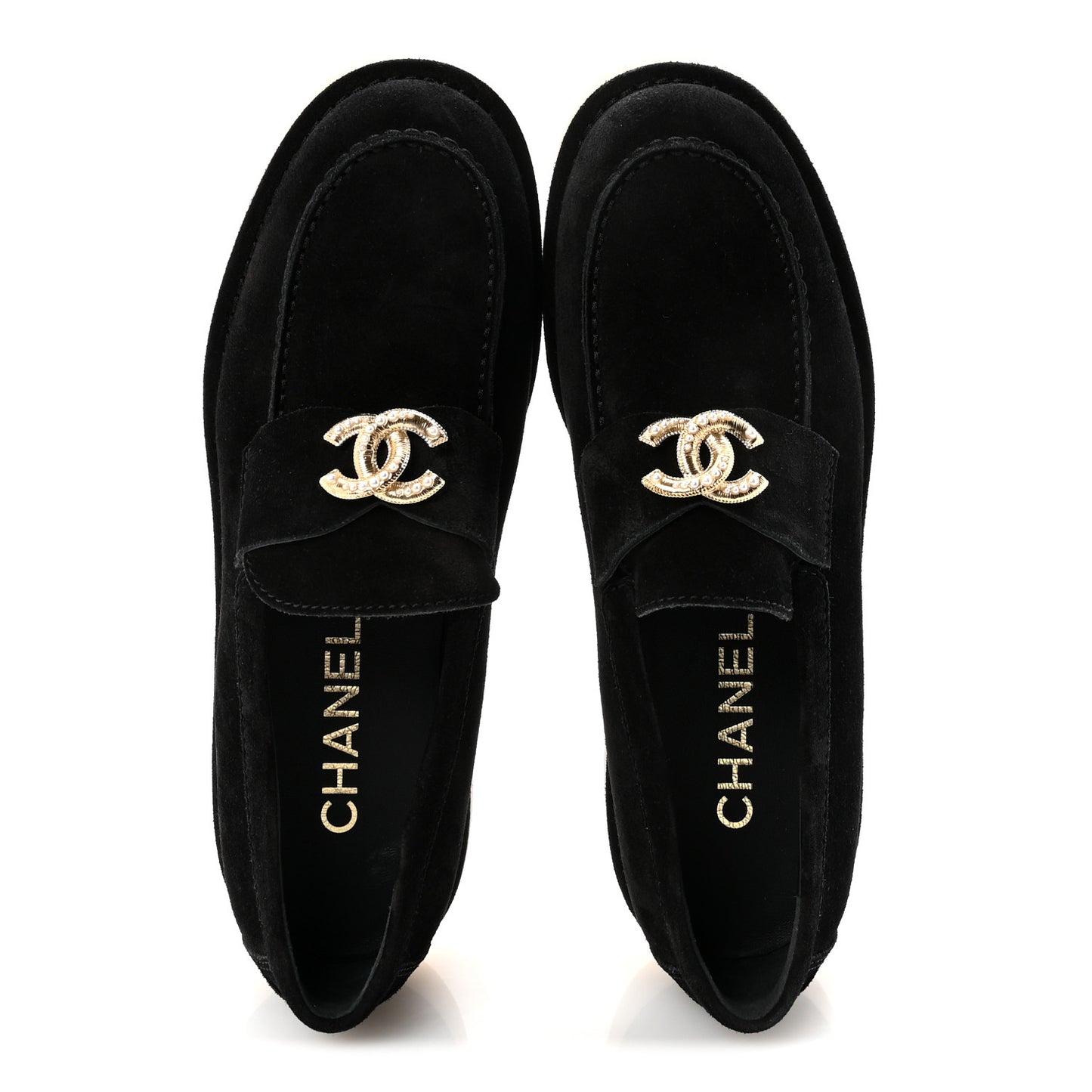 Suede Calfskin Pearl CC Moccasin Loafers 40 Black